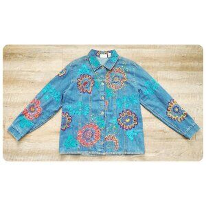 ! Vintage Chico’s Design Floral Embroidered Embellished Denim Jacket sz 1